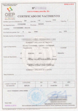 La imagen muestra un certificado de nacimiento de Bolivia para la traducción jurada al alemán.