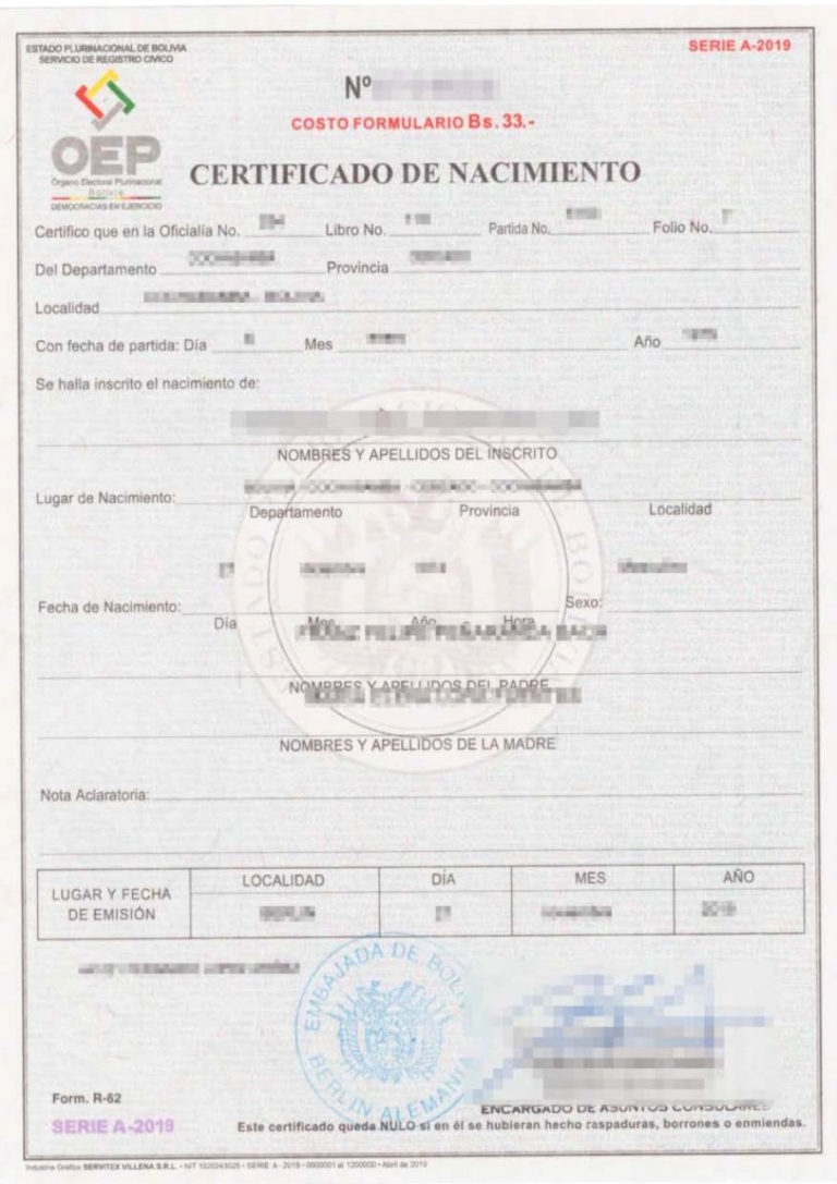 Das Bild zeigt eine Geburtsurkunde aus Bolivien für die beglaubigte Übersetzung.
