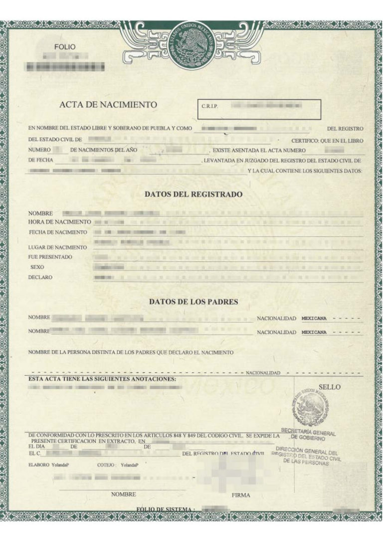 Das Bild zeigt eine mexikanische Geburtsurkunde für die beglaubigte Übersetzung ins Deutsche.