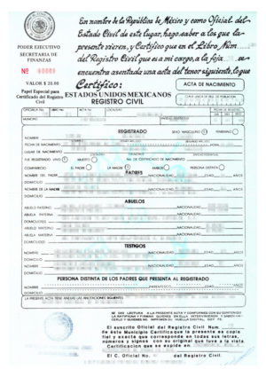 Das Bild zeigt eine mexikanische Geburtsurkunde, deren beglaubigte Übersetzung ins Deutsche über den Shop bestellt werden kann.