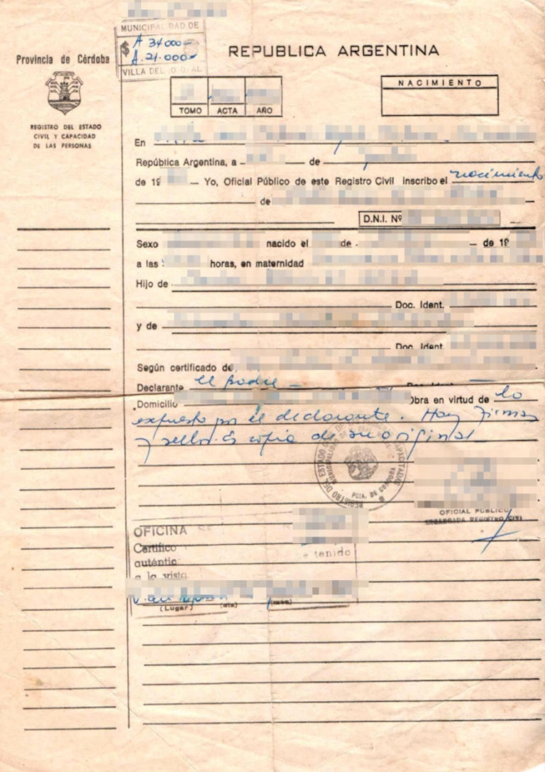 Das Bild zeigt eine Geburtsurkunde aus Argentinien für die beglaubigte Übersetzung.