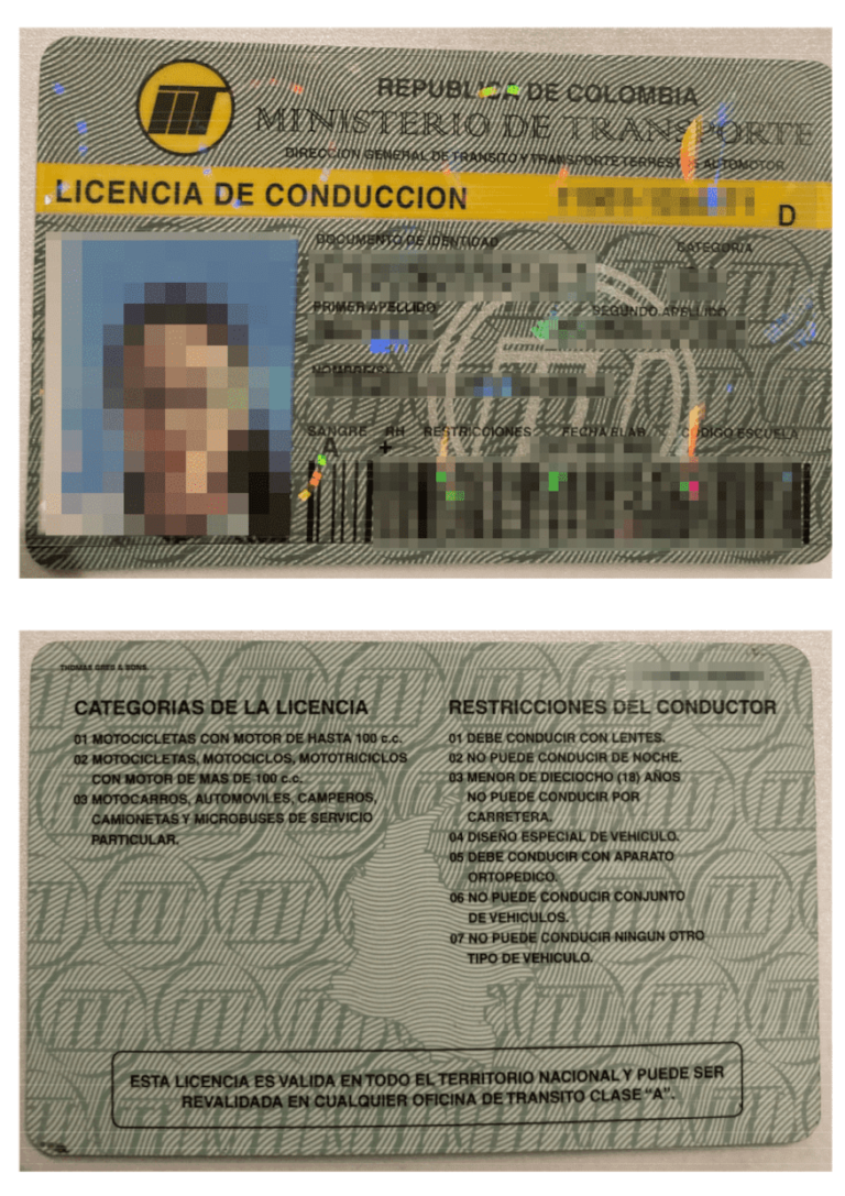 Das Bild zeigt einen Führerschein aus Kolumbien für die beglaubigte Übersetzung.