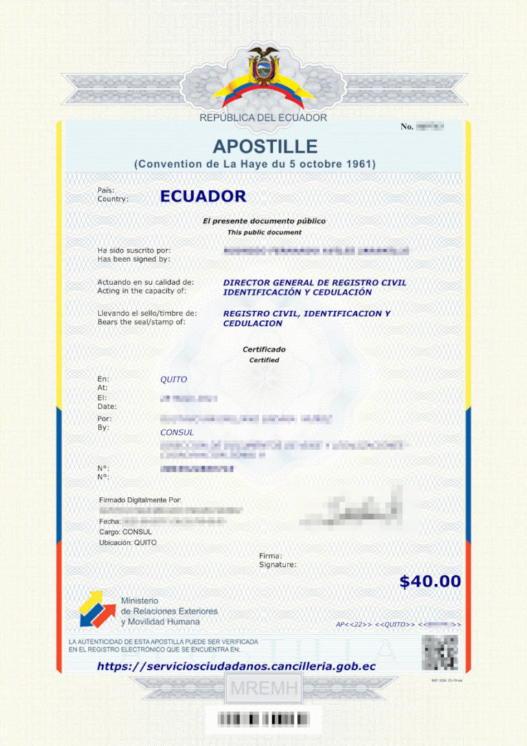Das Bild zeigt eine Apostille aus Ecuador für die beglaubigte Übersetzung.