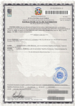 La imagen muestra un certificado de nacimiento de la República Dominicana para la traducción jurada al alemán.