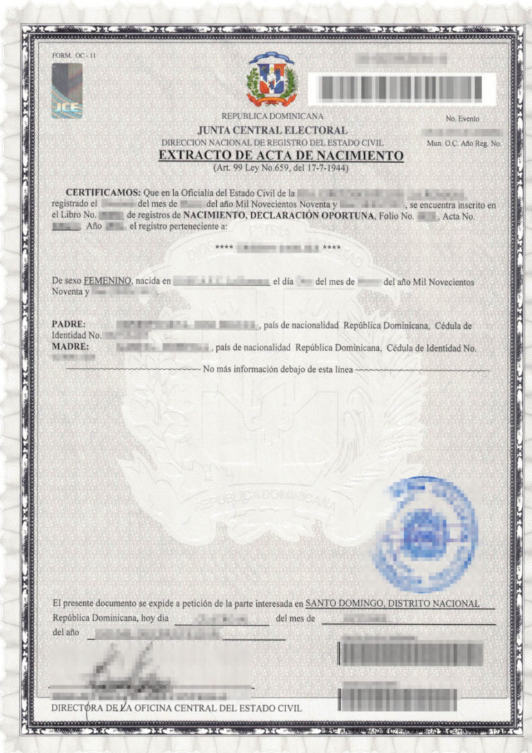 Das Bild zeigt eine Geburtsurkunde aus der Dominikanischen Republik für die beglaubigte Übersetzung.