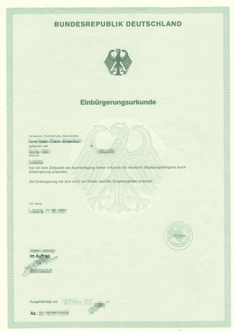 Das Bild zeigt eine Einbürgerungsurkunde aus Deutschland für die beglaubigte Übersetzung zur Vorlage im Heimatland.