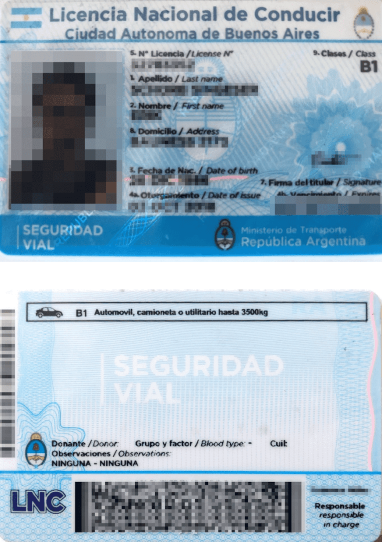 Das Bild zeugt einen argentinischen Führerschein für die beglaubigte Übersetzung ins Deutsche mit Klassifikation der Fahrerlaubnisklasse.