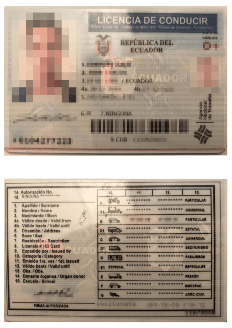 Das Bild zeugt einen Führerschein aus Ecuador für die beglaubigte Übersetzung ins Deutsche mit Klassifikation der Fahrerlaubnisklasse.