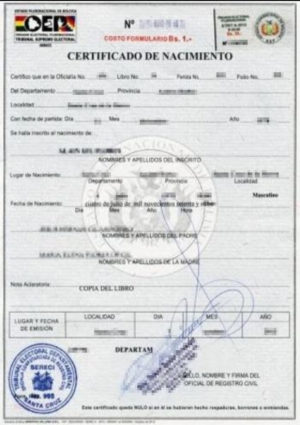 The picture shows a birth certificate from Bolivia for the sworn translation into German.