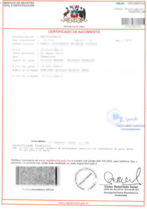 The picture shows a chilean birth certificate for the sworn translation into German.