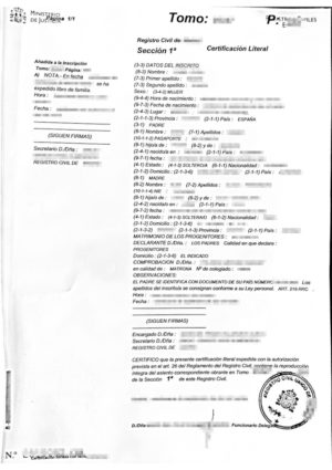 La imagen muestra un certificado de nacimiento español para la traducción jurada al alemán.