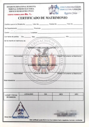 La imagen muestra un certificado de matrimonio de Bolivia para la traducción jurada al alemán.