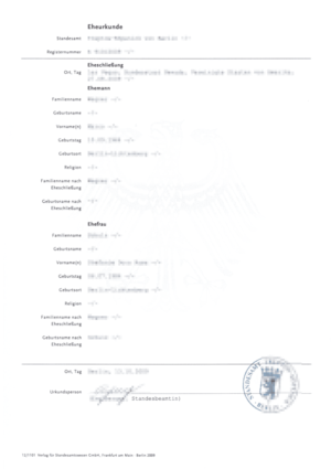 The picture shows a marriage certificate from Germany for the sworn translation.
