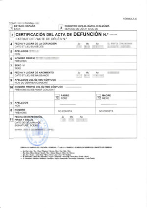 La imagen muestra una certificación del acta de defunción de España para su traducción oficial al alemán.