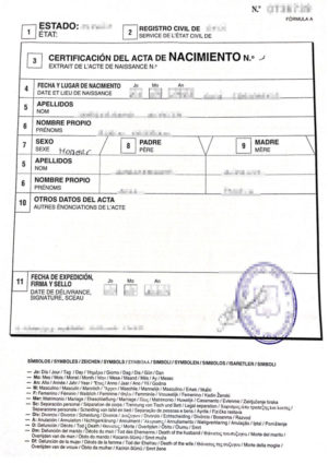 The picture shows the sworn translation of a spanish international birth certificate into German.
