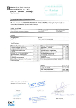 El imagen muestra un certificado de calificaciones del bachillerato para la traducción al alemán.