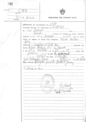 Das Bild zeigt eine Geburtsurkunde aus Argentinien für die beglaubigte Übersetzung ins Deutsche.