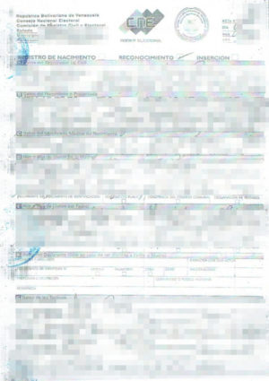 La imagen muestra un certificado del registro de nacimiento de Venezuela para la traducción jurada al alemán.