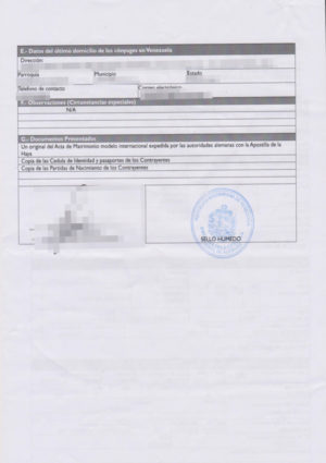La imagen muestra un registro de matrimonio de Venezuela para la traducción jurada al alemán.