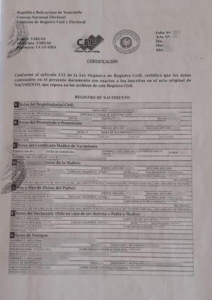 La imagen muestra un registro de nacimiento venezolano para la traducción jurada al alemán.