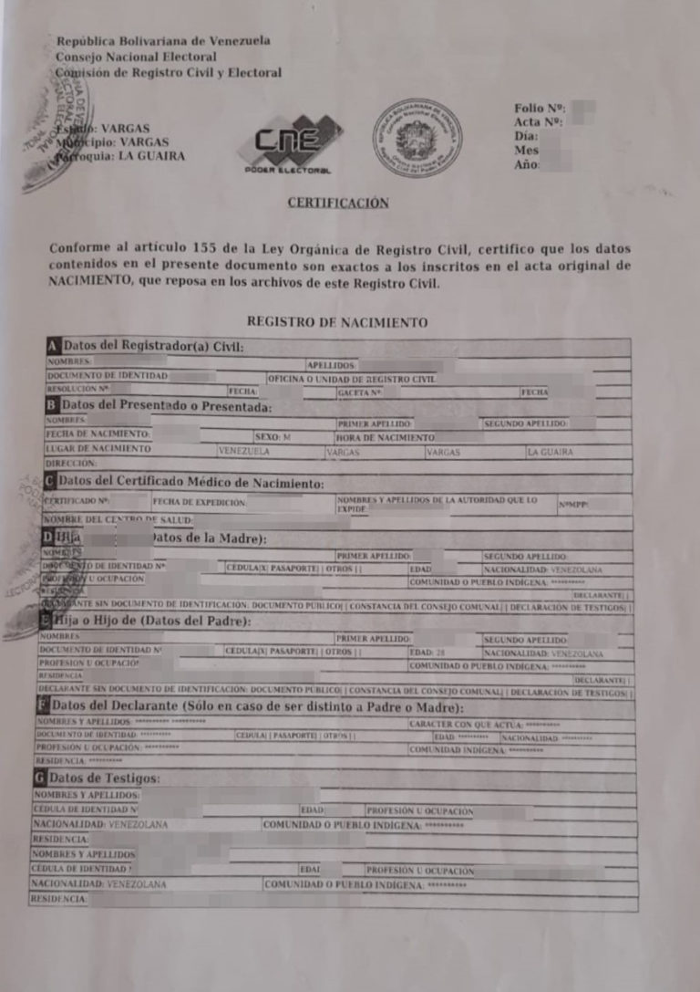 Das Bild zeigt eine Geburtsurkunde aus Venezuela für die beglaubigte Übersetzung ins Deutsche.