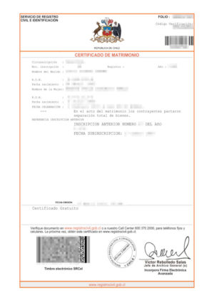 La imagen muestra un certificado de matrimonio de Chile para la traducción jurada al alemán.