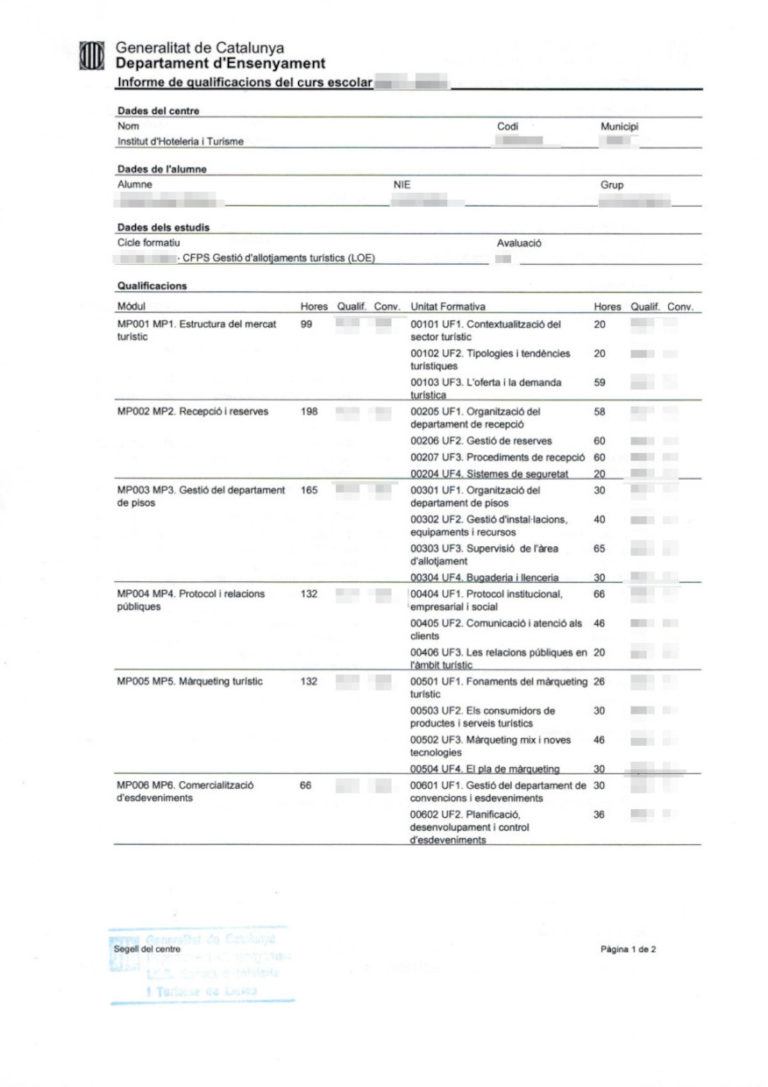 Das Bild zeigt ein Berufsschulzeugnis aus Spanien für die beglaubigte Übersetzung aus dem Katalanischen ins Deutsche.