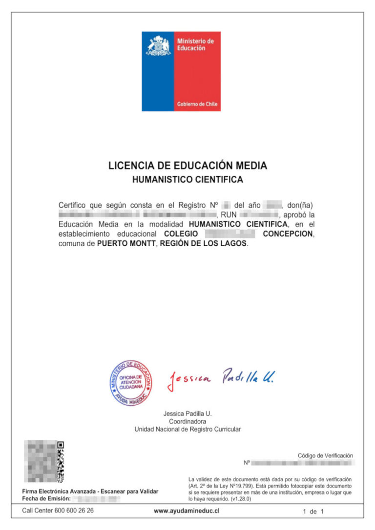 Das Bild zeigt das Abschlusszeugnis der Educación Media aus Chile für die beglaubigte Übersetzung.