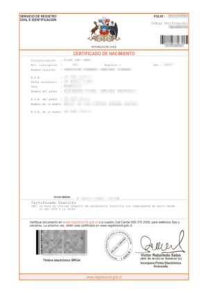 La imagen muestra un certificado de nacimiento de Chile para la traducción jurada al alemán.