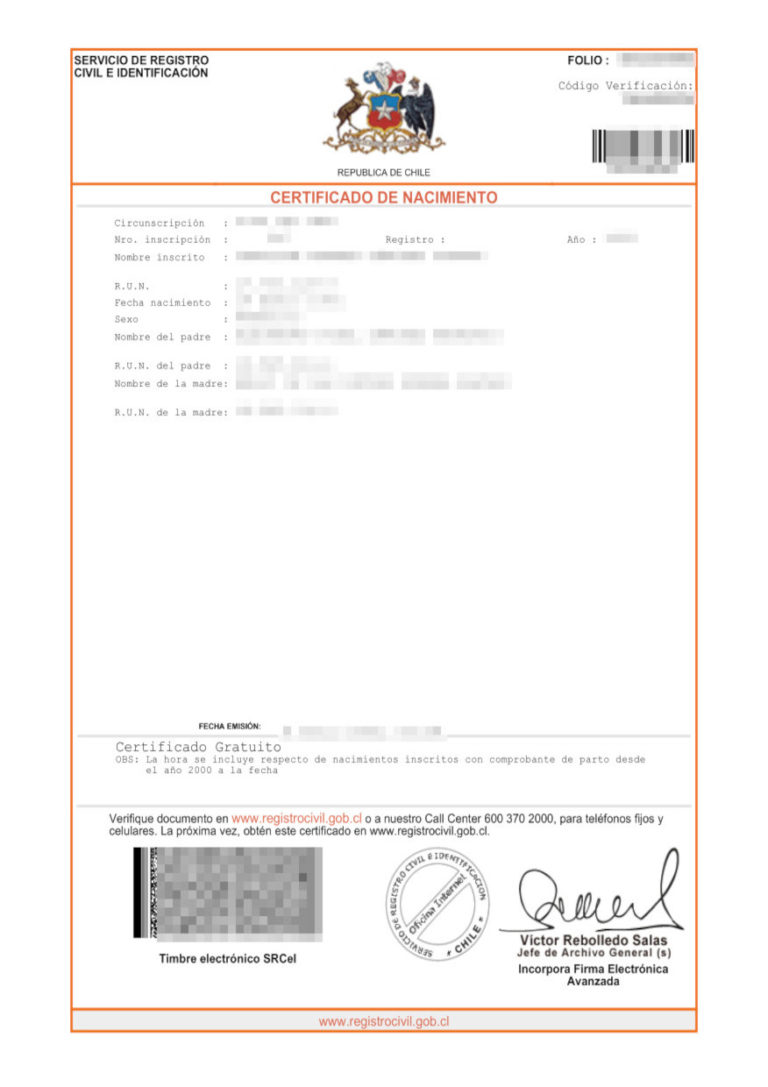Das Bild zeigt eine Geburtsurkunde aus Chile für die beglaubigte Übersetzung.