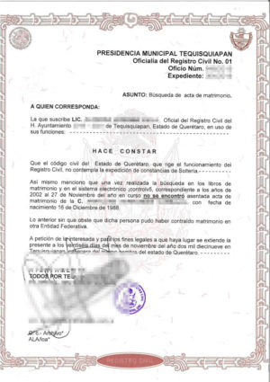 La imagen muestra un certificado de inexistencia de inscripción de matrimonio de Mexico para su traducción oficial al alemán.