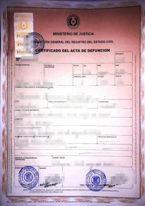 La imagen muestra la certificado de un acta de defunción de Paraguay para la traducción jurada al alemán.