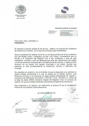La imagen muestra un certificado de soltería de Mexico para su traducción oficial al alemán.