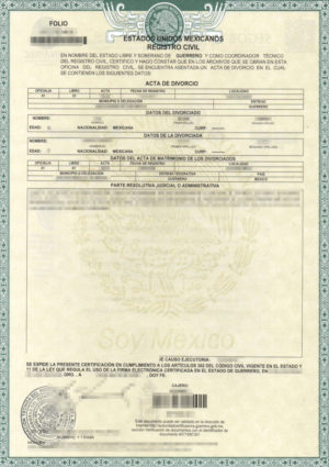 Das Bild zeigt eine Scheidungsurkunde aus Mexiko für die beglaubigte Übersetzung Spanisch-Deutsch.