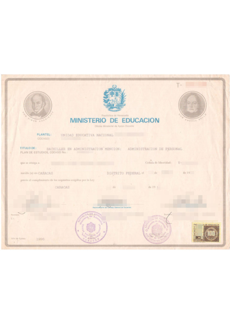 Das Bild zeigt einen Schulabschluss aus Venezuela für die beglaubigte Übersetzung ins Deutsche.