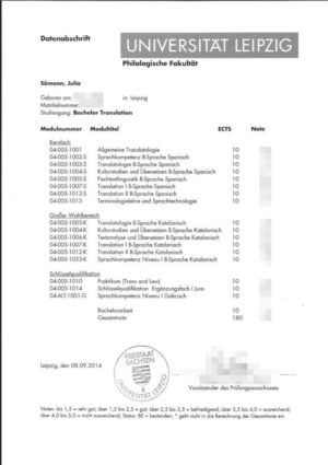 La imagen muestra certificado de notas alemán para la traducción al español.