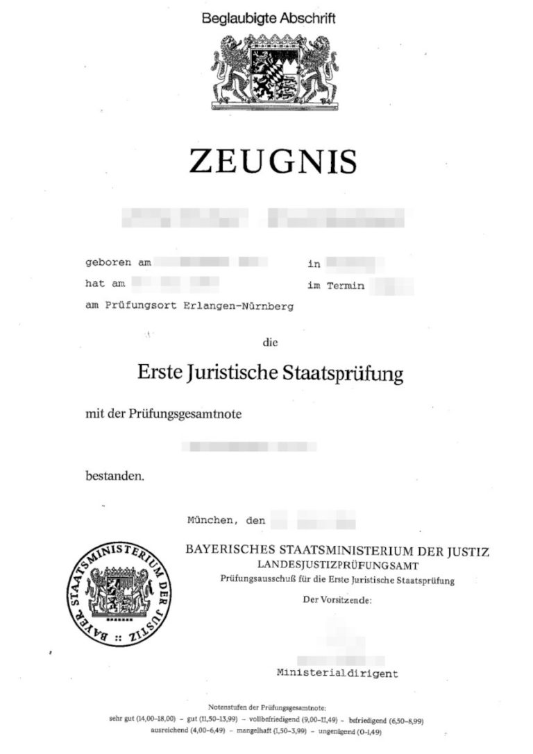 Das Bild zeigt das Zeugnis eines juristischen Staatsexamens aus Deutschland für die beglaubigte Übersetzung.