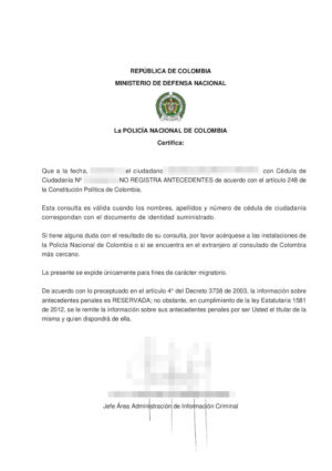La imagen muestra un certificado de antecedentes penales de Colombia para la traducción al alemán.