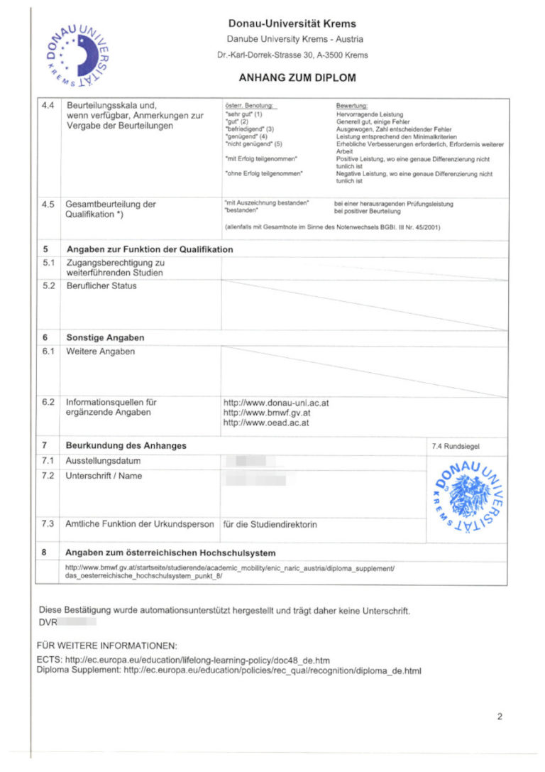 Das Bild zeigt einen Diplom-Anhang aus Österreich für die beglaubigte Übersetzung.