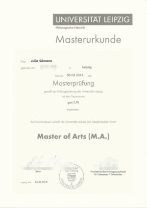 Das Bild zeigt eine Masterurkunde aus Deutschland für die beglaubigte Übersetzung.
