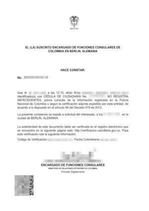 The picture shows a certificate of good conduct from Colombia for the sworn translation into German.
