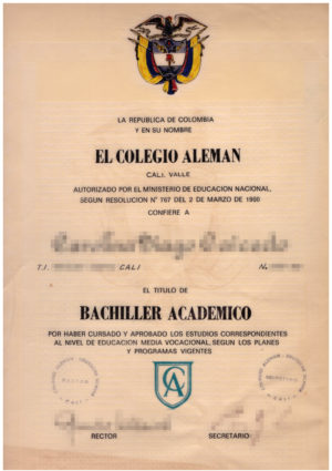 La imagen muestra un título de Bachiller Académico de Colombia para la traducción al alemán.