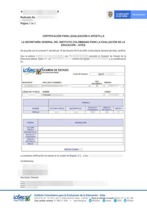 La imagen muestra un certificado del examen estatal saber 11 de Colombia para la traducción al alemán.