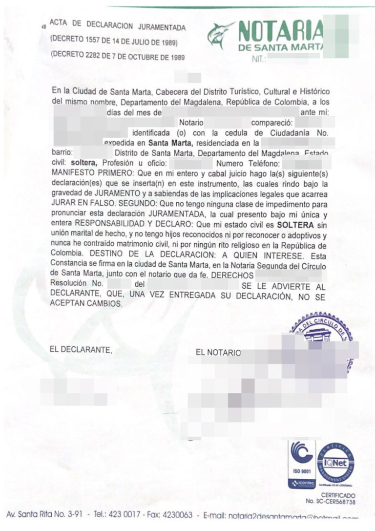 Das Bild zeigt eine Ledigkeitsbescheinigung aus Kolumbien für die beglaubigte Übersetzung.
