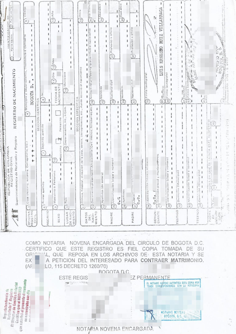 Das Bild zeigt einen Geburtseintrag aus Kolumbien für die beglaubigte Übersetzung.