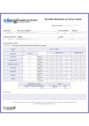 La imagen muestra un certificado del examen estatal saber 11 de Colombia para la traducción al alemán.