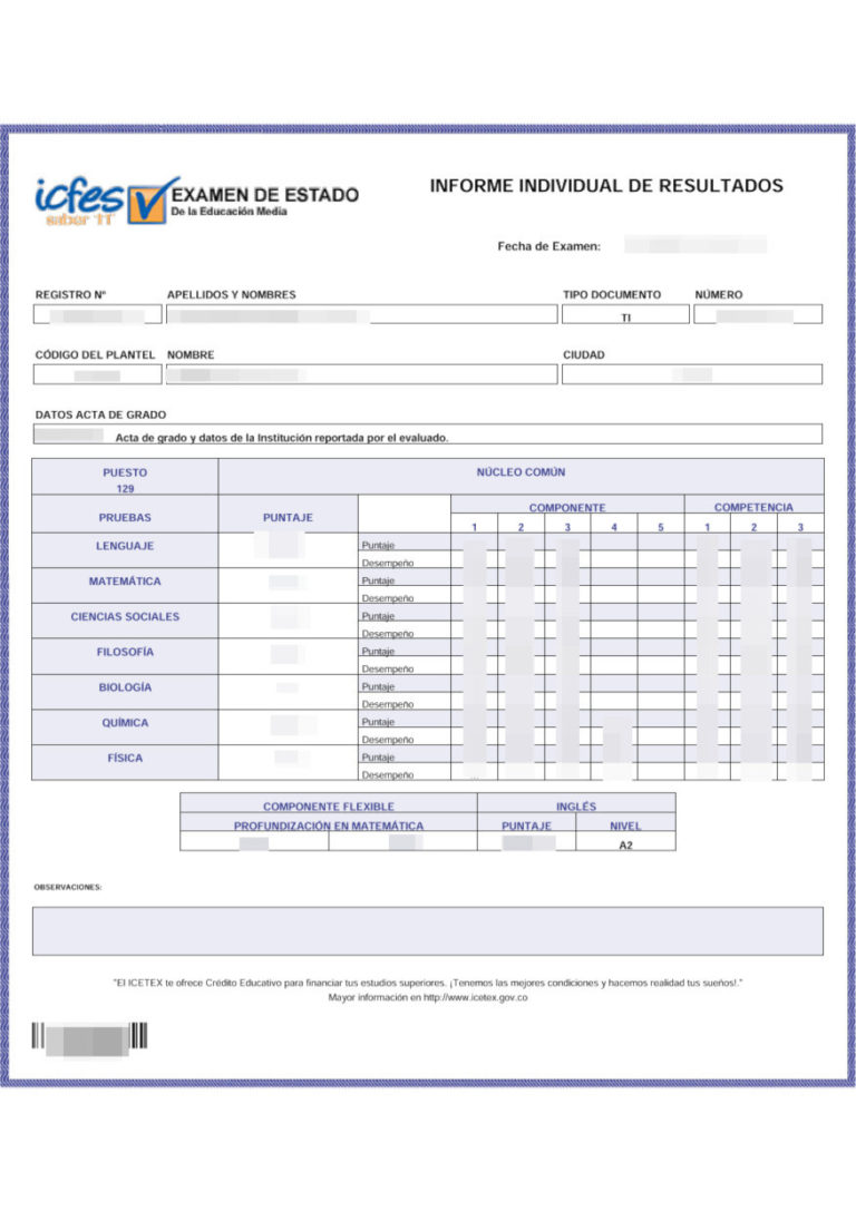 Das Bild zeigt eine Notenbescheinigung der Prüfung Saber 11 aus Kolumbien für die beglaubigte Übersetzung.