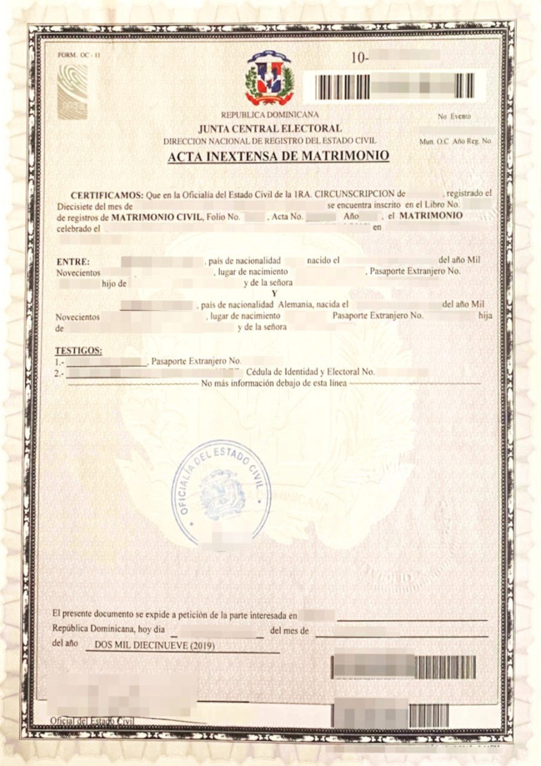 Das Bild zeigt eine Heiratsurkunde aus der Dominikanischen Republik (DomRep) für die beglaubigte Übersetzung.