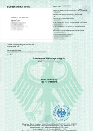 The image shows a german certificate of good conduct for teh sworn translation.