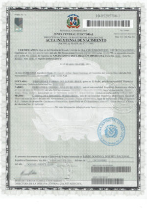 La imagen muestra un acta de nacimiento de la Republica Dominicana para la traducción jurada al alemán.